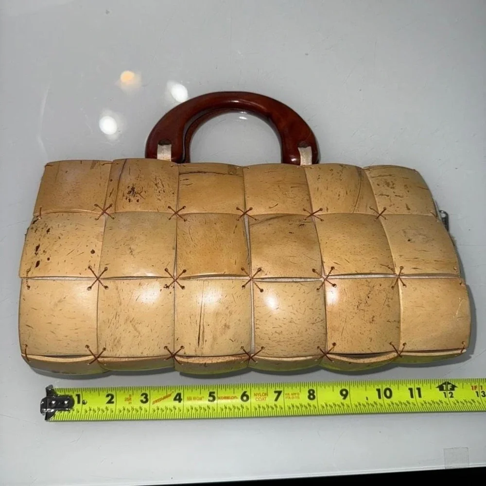 Vintage wooden tile handbag artisan stitched boho sculptural purse - Picture 5 of 7